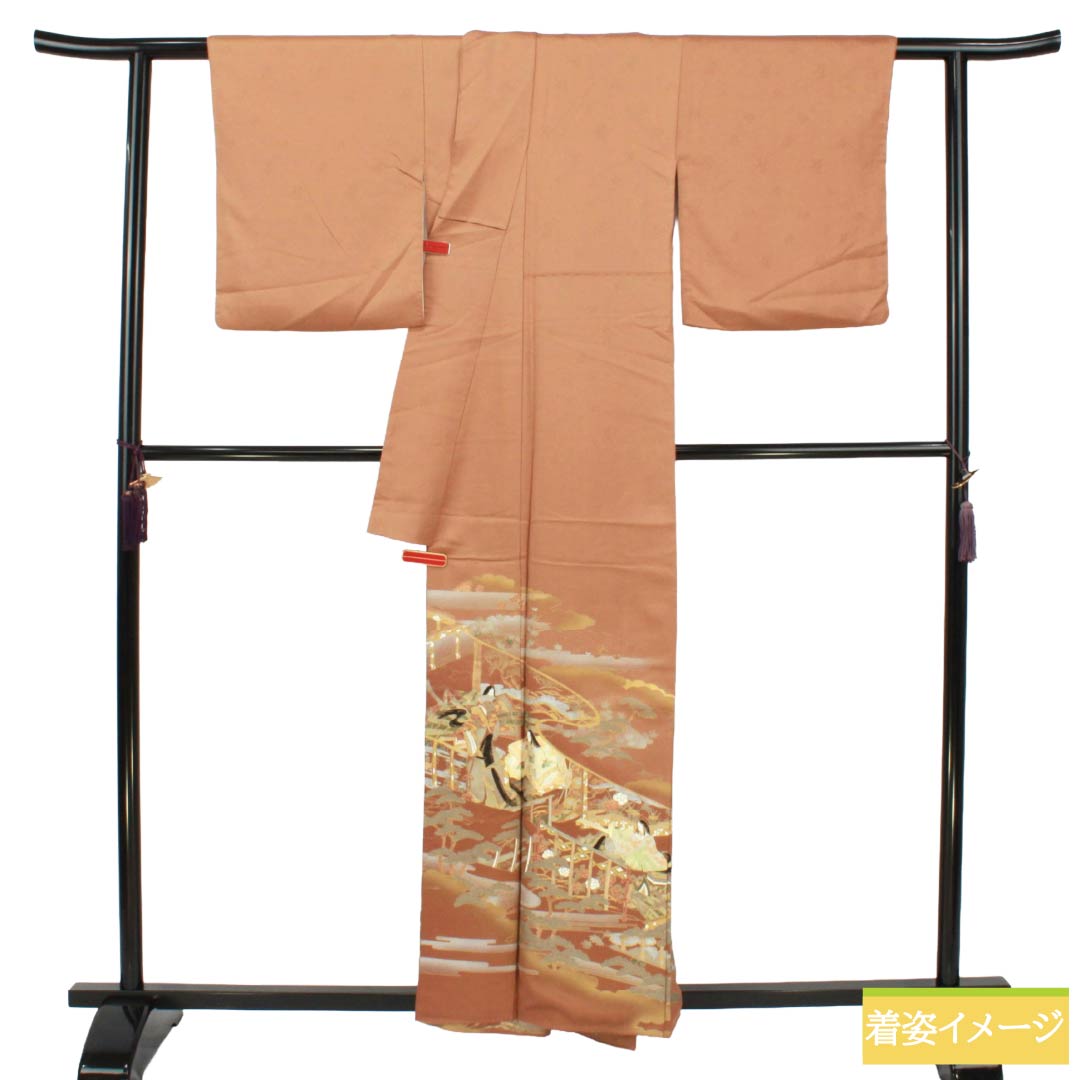 色留袖 正絹 Sランク 身丈158.5cm 裄丈67cm 袷 梅茶色(うめちゃいろ) 京友禅 時代人物風景模様 一つ紋 鶴の丸 一つ紋 茶系 1111002192314