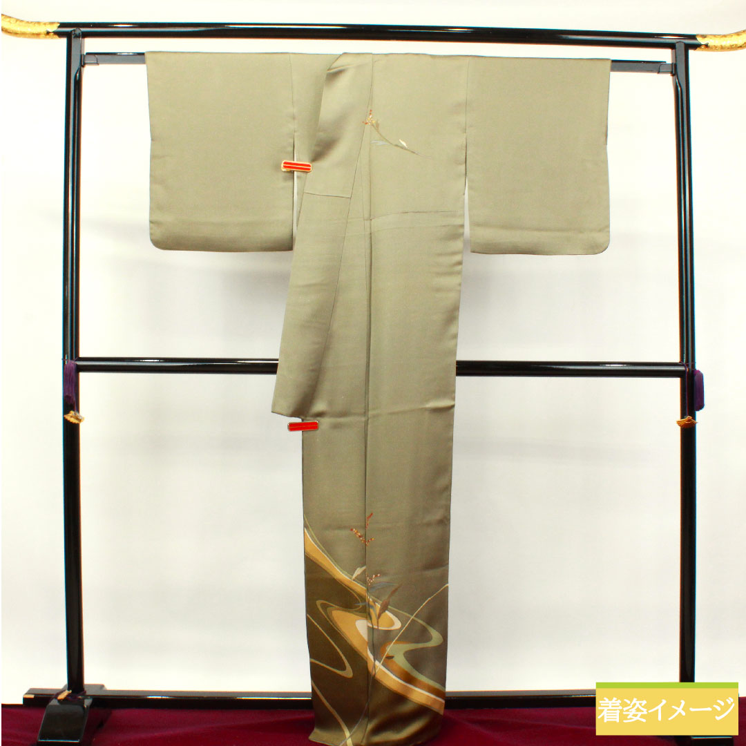 訪問着 正絹 袷 身丈162.5cm 裄丈67cm 砂色 銀通し MIKUMOコレクション 手描き ろうけつ染め 抽象模様 Aランク グレー系 1112003363422