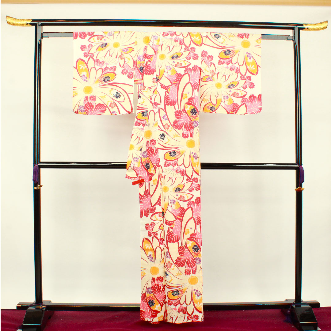Yukata Flower Pattern Cotton S Rank Single Layer Length 162cm Sleeve Length 65.5cm White 1118001152411