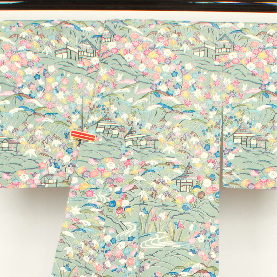 訪問着 袷 身丈155.5cm 裄丈62cm 沈香茶色 型染 茶屋辻 草花模様 正絹 Aランク グレー系 1112001783322