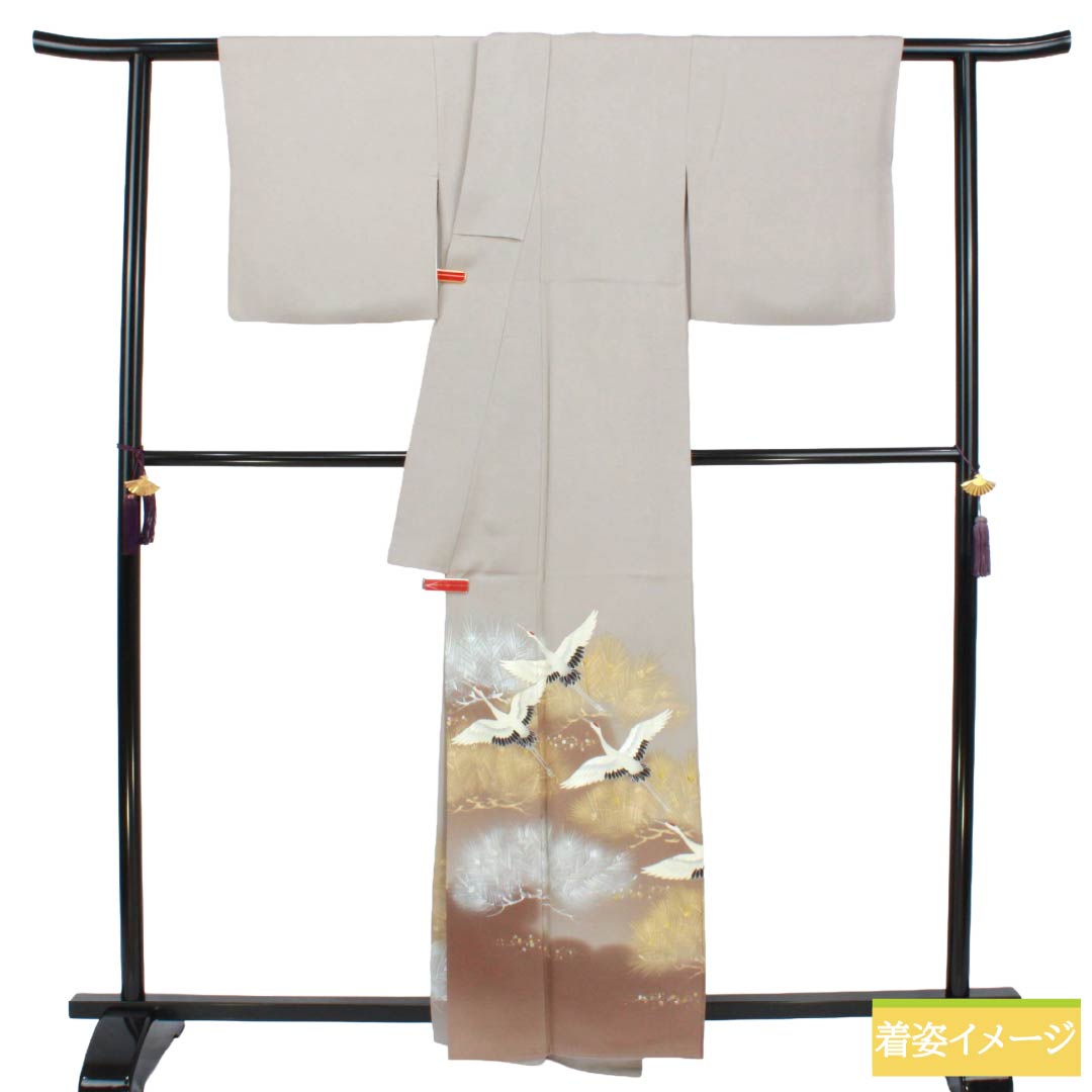 色留袖 正絹 Sランク 身丈161cm 裄丈64.5cm 袷 絹鼠色(きぬねずいろ) 京友禅 鶴 松 三つ紋 笹竜胆 三つ紋 グレー系 1111002132422