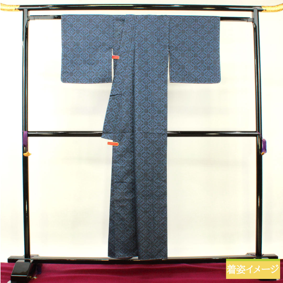 村山大島 正絹 身丈153cm 裄丈63cm 抽象模様 しつけ糸付き 未使用品 Sランク 袷 紺系 1116003162218