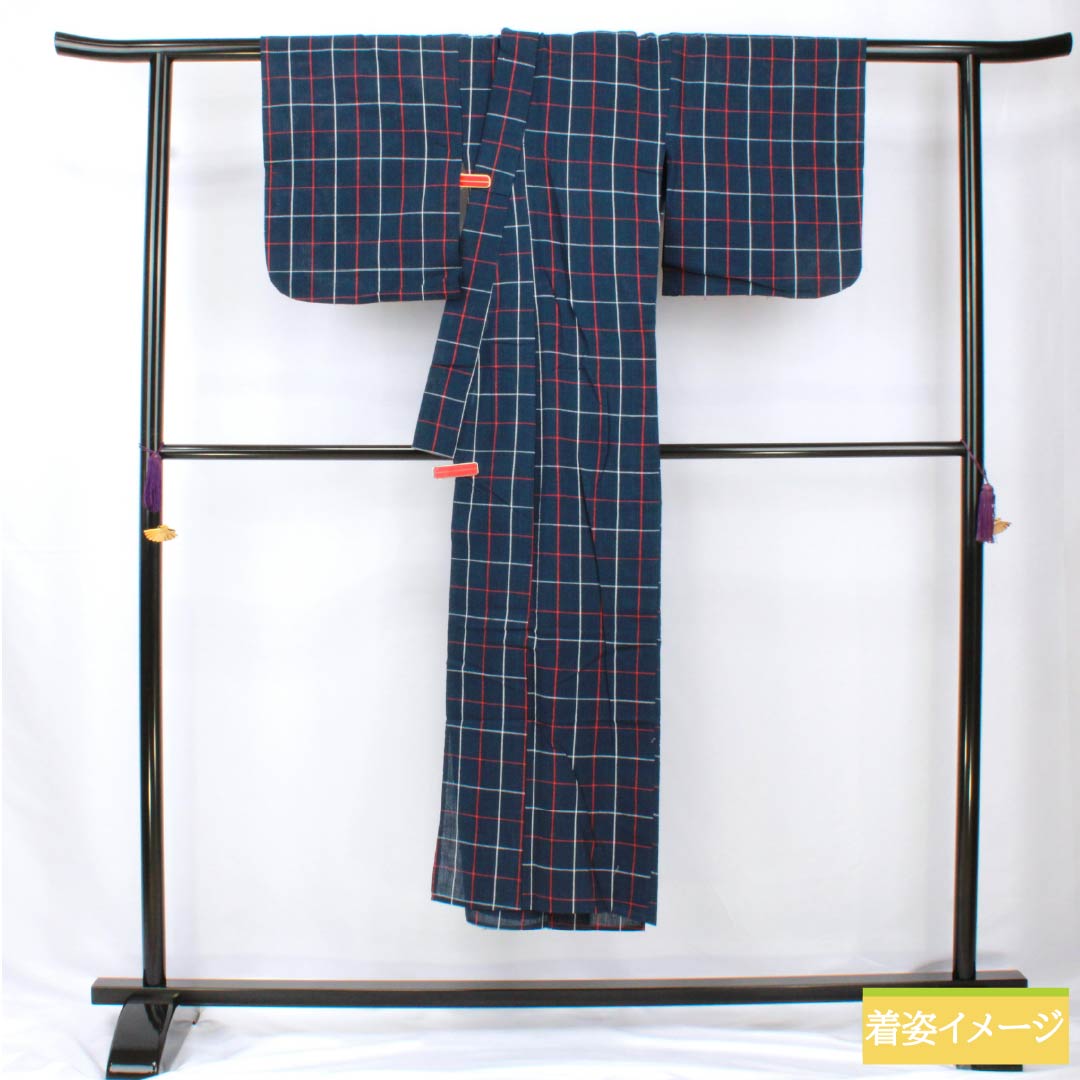 浴衣 木綿 身丈142cm 裄丈63cm Bランク 単衣 紺系 しじら織 紅白格子 1118005834118