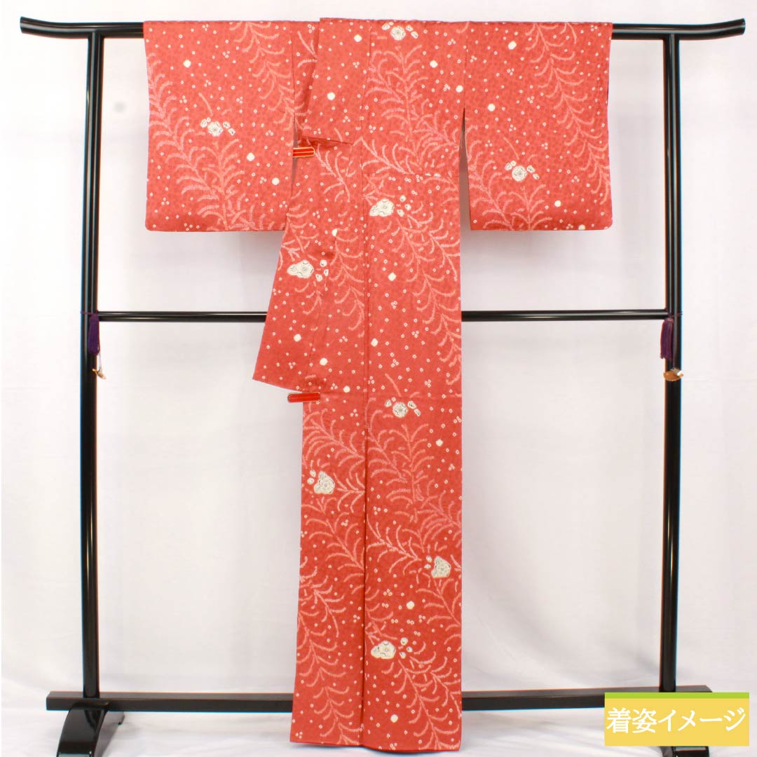 小紋 正絹 身丈163cm 裄丈65cm 袷 緋銅色(ひどうしょく) 絞り 辻ヶ花 Sランク 朱系 1115005242416