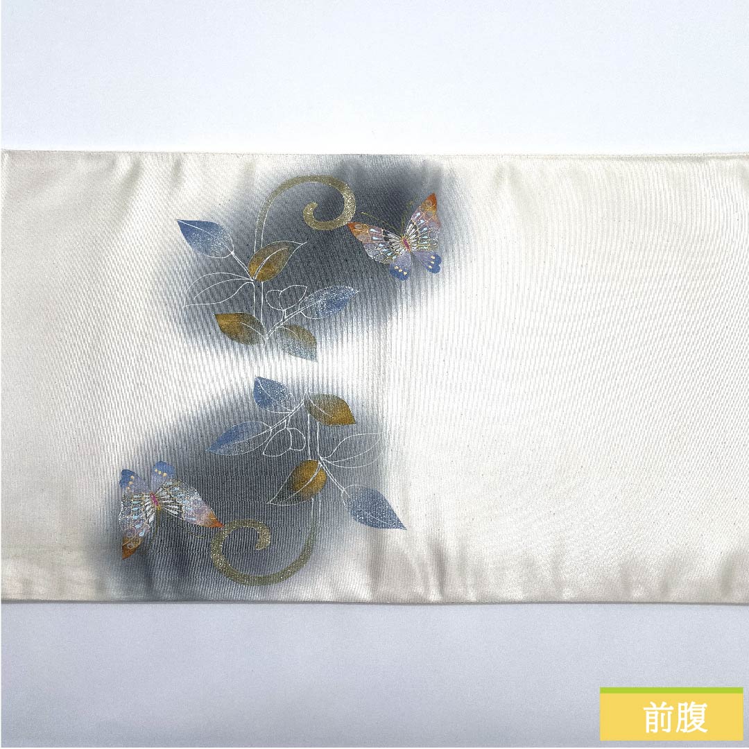 (未仕立)袋帯 正絹 胡粉色(ごふんいろ) 蝶 帯丈438cm Aランク ポイント柄 セミフォーマル 白系 1123011253311