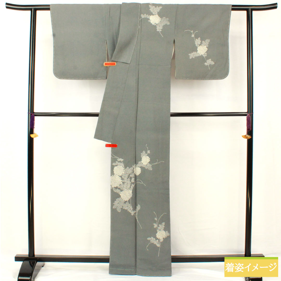 訪問着 正絹 袷 身丈163.5cm 裄丈63.5cm 青鈍色(あおにびいろ) 紫陽花 部分絞り Aランク グレー系 1112005353422