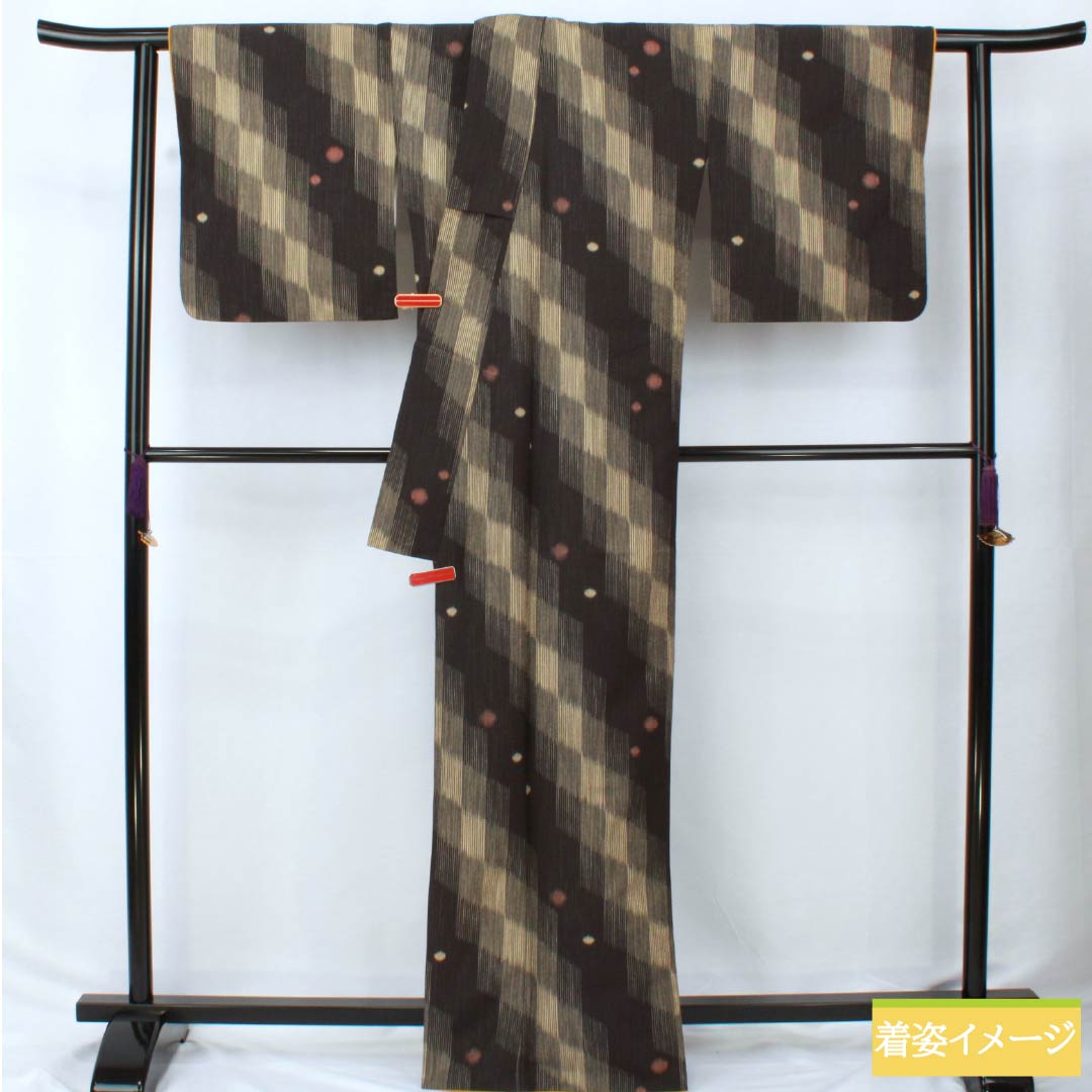 小紋 ポリエステル 身丈166.5cm 裄丈69cm 袷 網代 水玉 洗える着物 Sランク 黒系 1115005862510