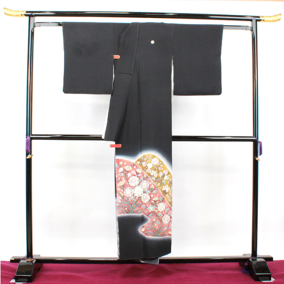 黒留袖 身丈150cm 裄丈63.5cm 袷 桐屋翠山工房 辻ヶ花 丸に沢瀉 正絹 Sランク 五つ紋 黒系 1111001122110