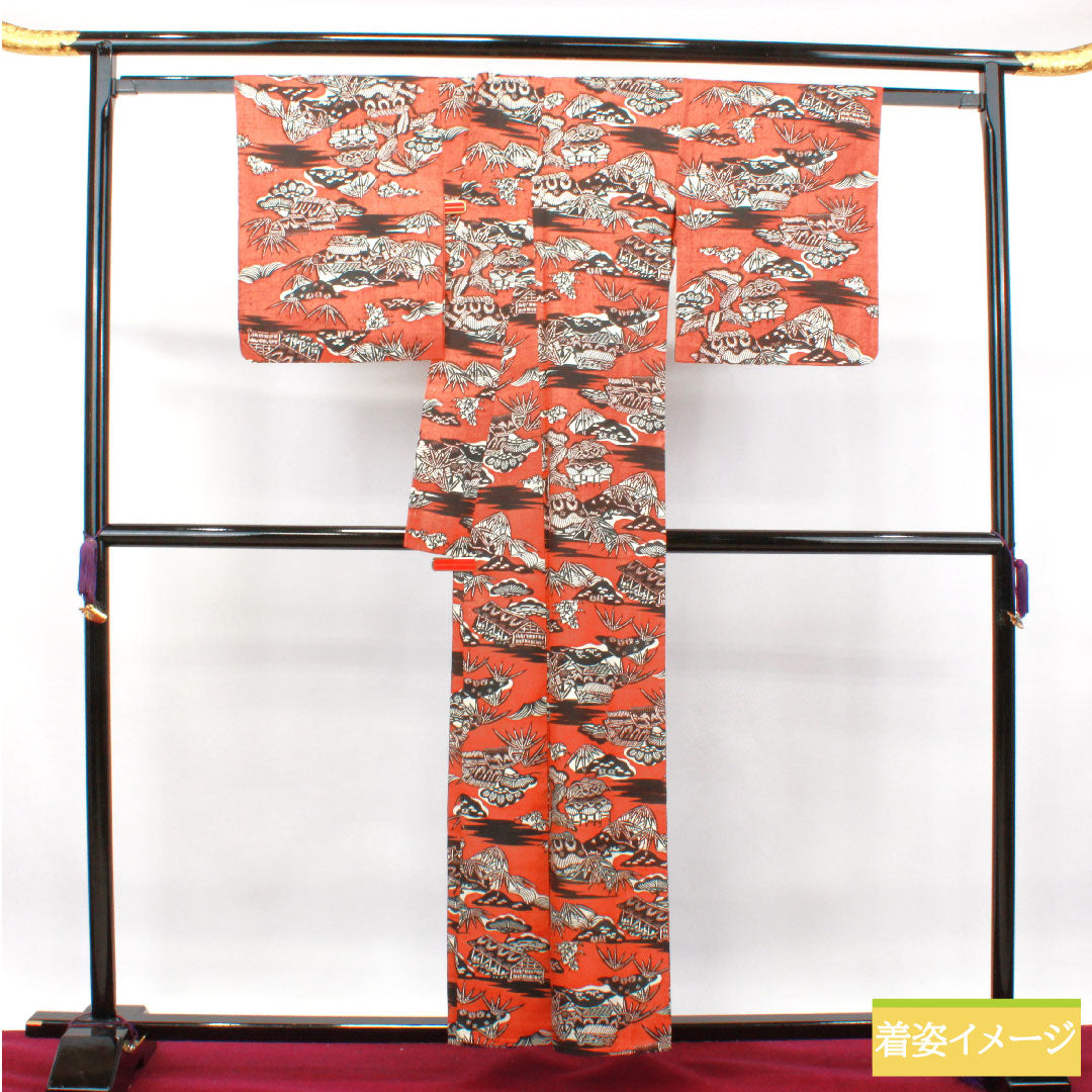 Komon, pure silk, length 157.5cm, sleeve length 65cm, single layer, ochre, stencil dyeing, Chayatsuji, S rank, brown, 1115003922314