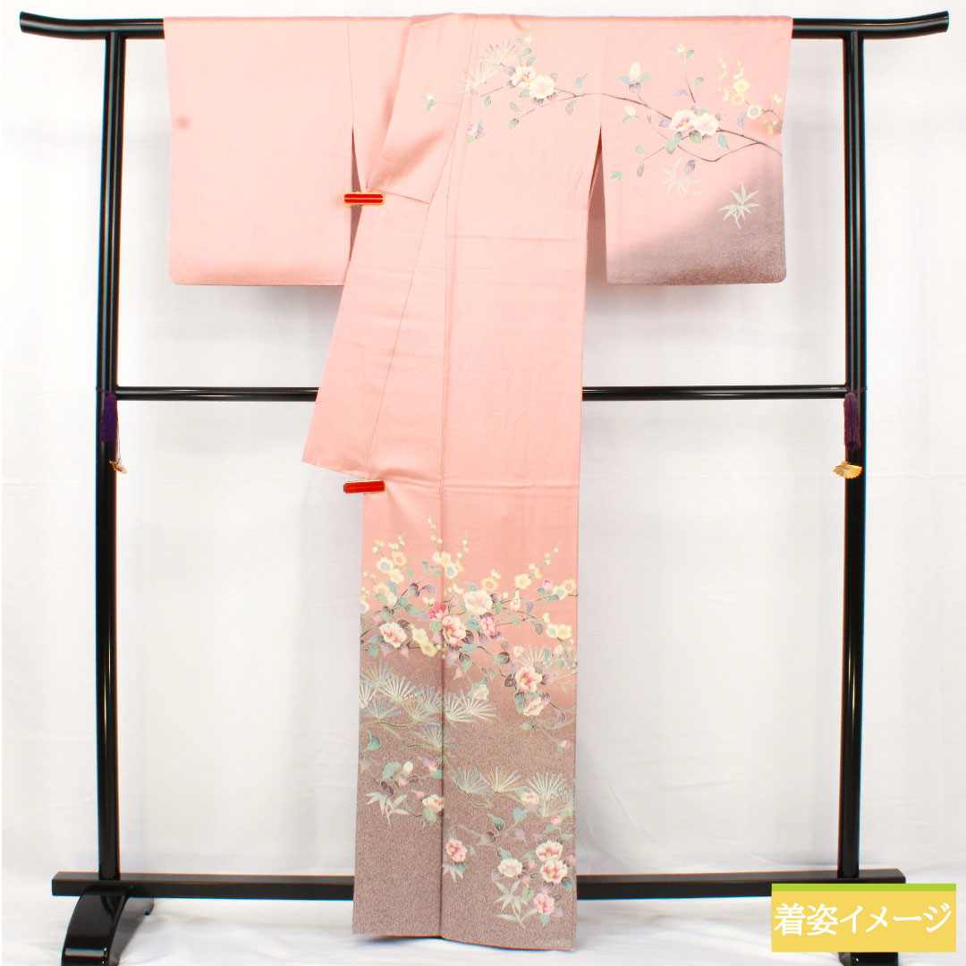訪問着 正絹 袷 身丈163.5cm 裄丈64.5cm 浅紅色(あさべにいろ) 京友禅 松竹梅 椿 Aランク ピンク系 1112005543413