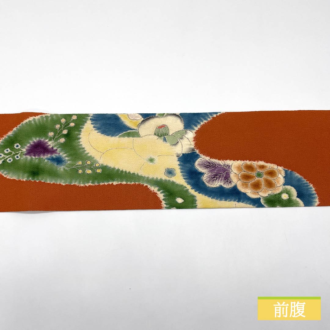 名古屋帯 赭色(そおいろ) ちりめん地 辻ヶ花 帯丈362cm 正絹 Aランク ポイント柄 セミフォーマル 橙系 1124008043326 名古屋仕立て