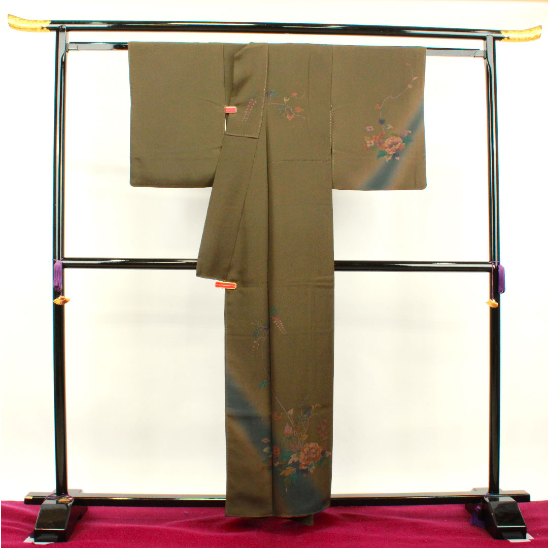 Homongi, pure silk, lined, length 157cm, sleeve length 64cm, yellow-black, floral pattern, A rank, green, 1112003023319