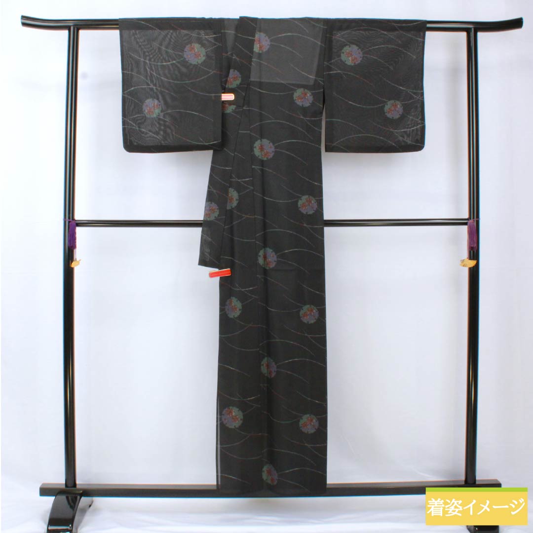 夏物 ポリエステル 小紋 身丈156cm 裄丈65cm 雪輪 露芝 洗える着物 紗 Sランク 黒系 1132001912310