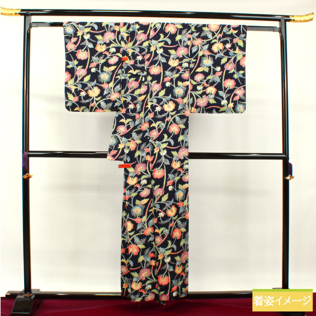 小紋 正絹 身丈155cm 裄丈62.5cm 袷 紺桔梗色 京紅型 草花模様 Bランク 紺系 1115003784318