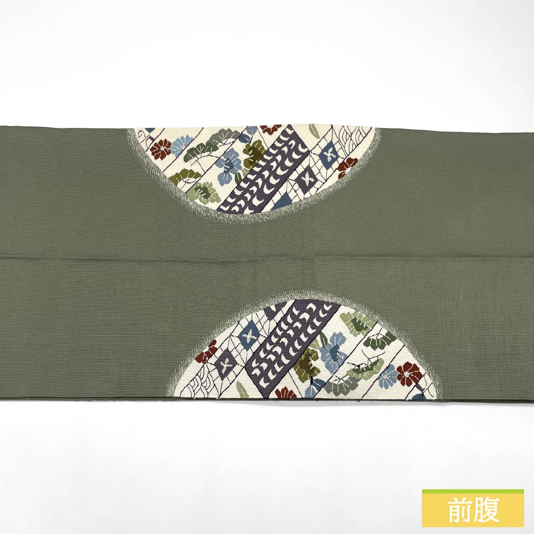 Nagoya Obi, Pure Silk, Grade A, Gray-Green (Haimidori-iro), Tapestry Weave, Classic Enso Pattern, Kiribame-style, 370cm Long, Pointed Pattern, Semi-Formal, Green, Item Number: 1124010563319, Pine Needle Style
