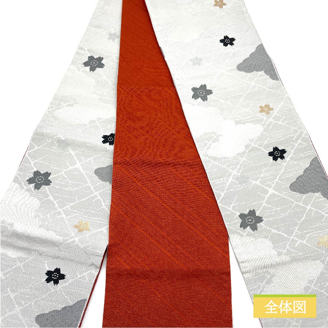 (未仕立)半幅帯 ポリエステル 薄墨色(うすずみいろ) 雲 桜 古典柄 花柄 モノトーン 帯丈344cm グレー系 Sランク 1125001122322