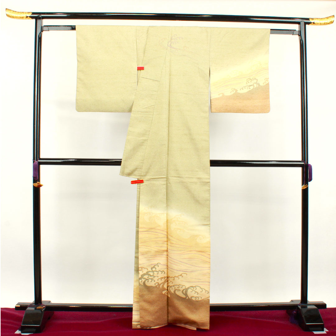 Homongi, pure silk, lined, length 164.5cm, sleeve length 65cm, wax color, pongee fabric, wave, A rank, beige, 1112003003425