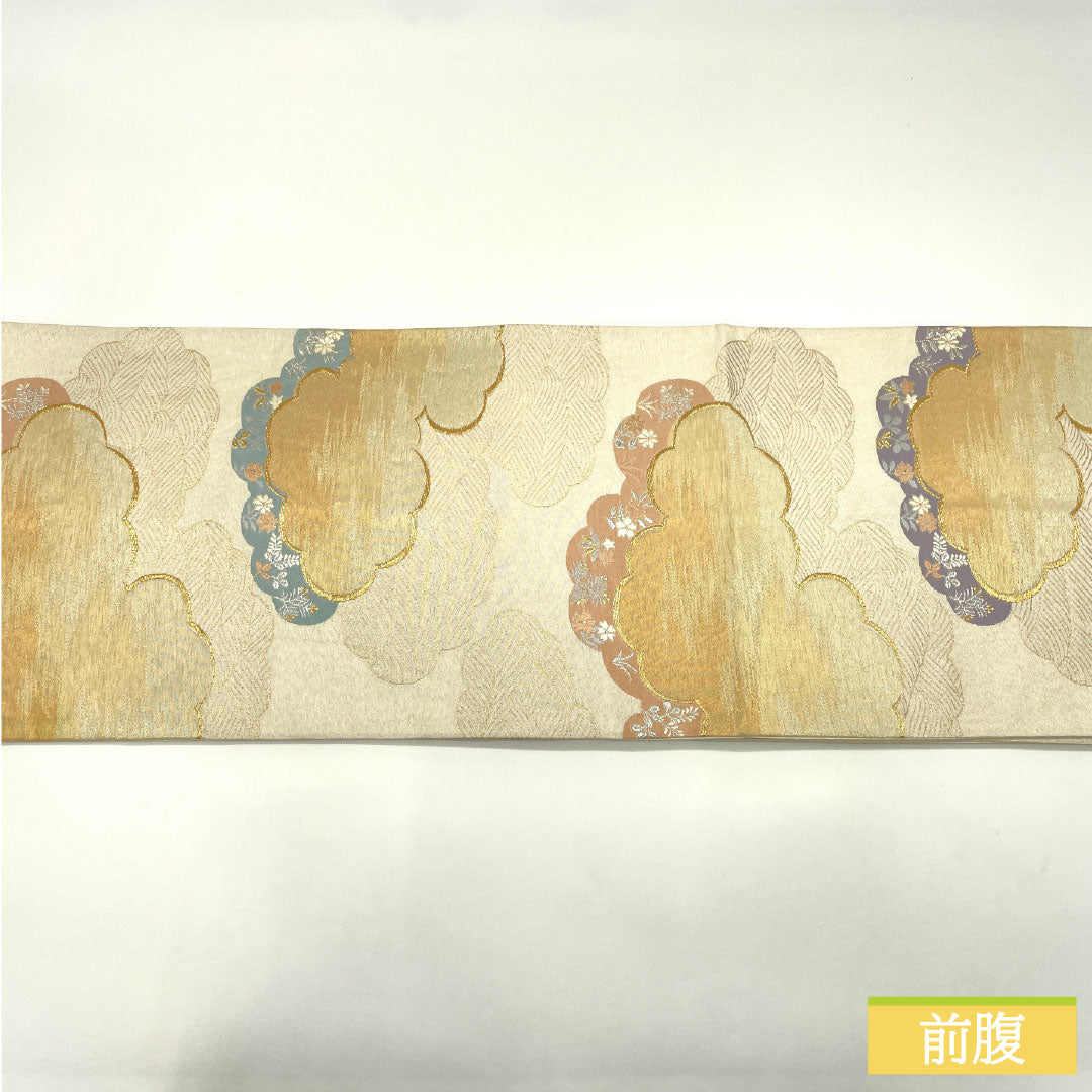 袋帯 正絹 Aランク 西陣織 雲取り 小花 帯丈428cm 六通 フォーマル 銀系 1123017233322