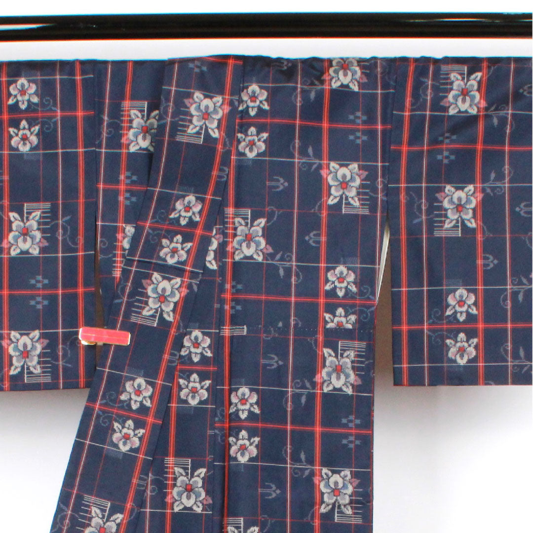 村山大島 身丈160cm 裄丈64.5cm アンサンブル 格子 花模様 正絹 Sランク 袷 紺系 1116001932418