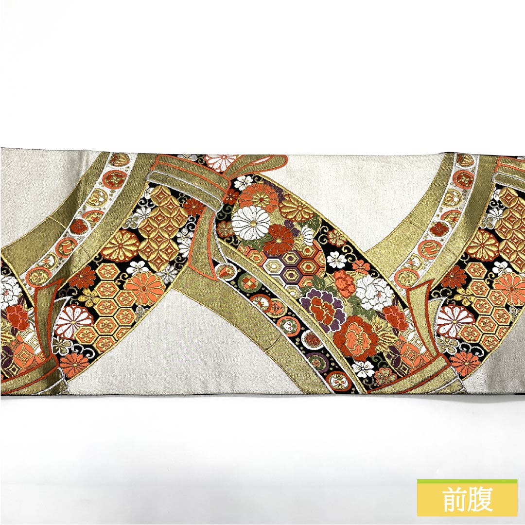 袋帯 正絹 振袖用 熨斗 宝尽くし 花唐草 帯丈438cm Sランク 六通 フォーマル 銀系 1123013522322