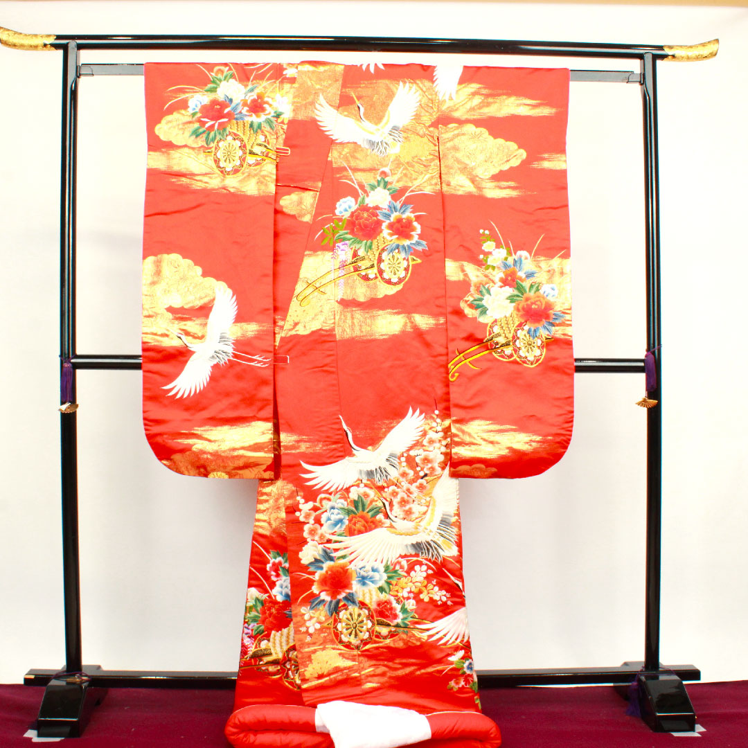 色打掛 身丈185cm 緋色 刺繡 花車 鶴 正絹 Bランク 袷 朱系 1110000264916