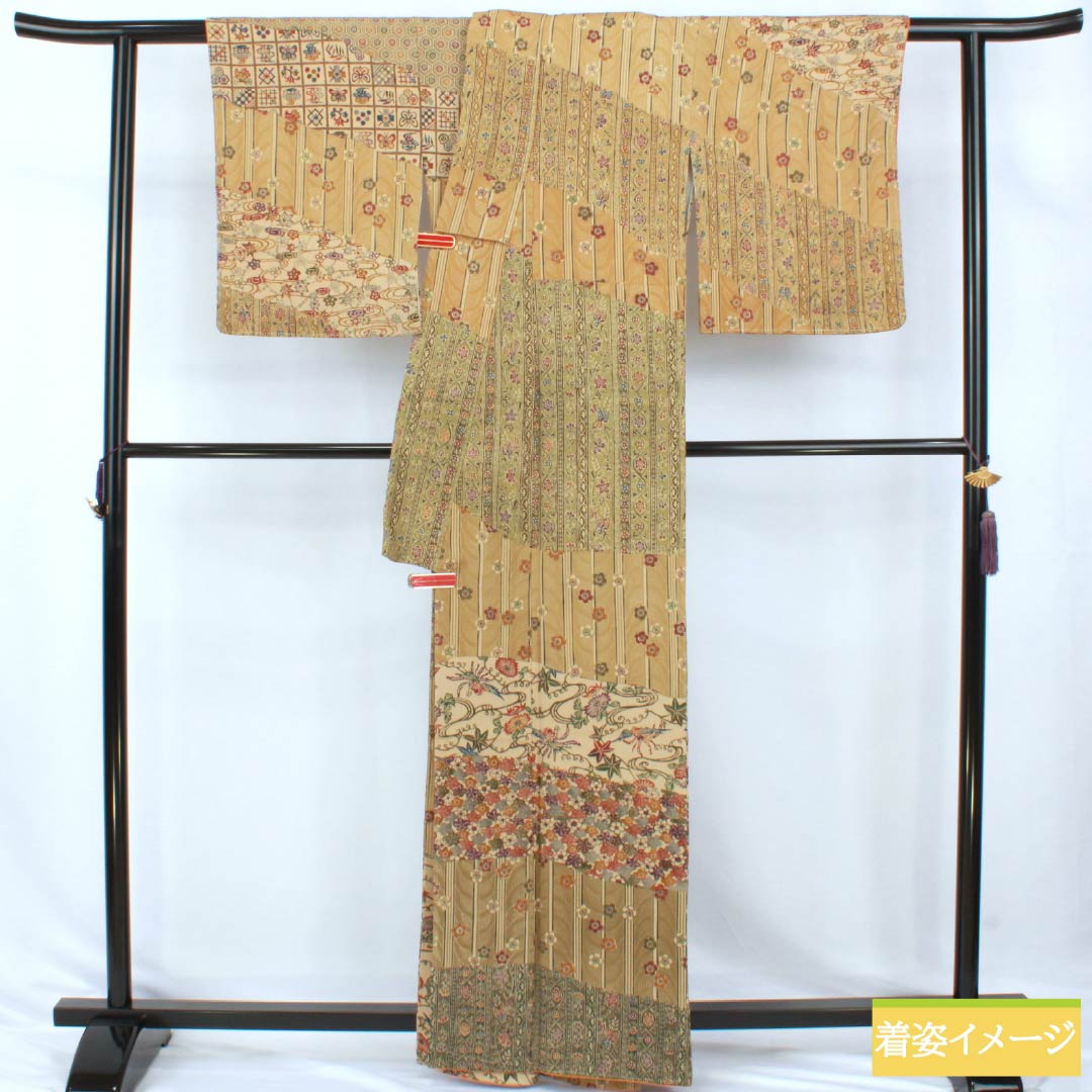 Homongi Silk Rank S Awase Kimono, Height 161.5cm, Sleeve-to-sleeve 64.5cm, Taupe, Wheat Color, Kyo Yuzen Katazome, Genso, Classic Pattern, Beige, 1112007622425