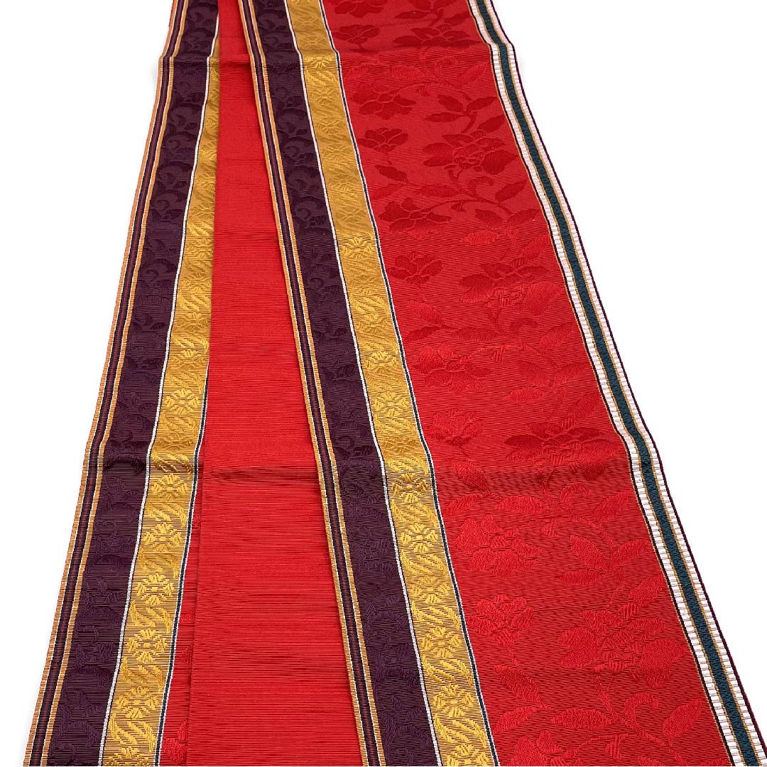(未仕立)半幅帯 正絹 帯丈360cm 赤色(あかいろ) 花唐草 縞 博多特選 博多織 赤系 Sランク 1125001372312