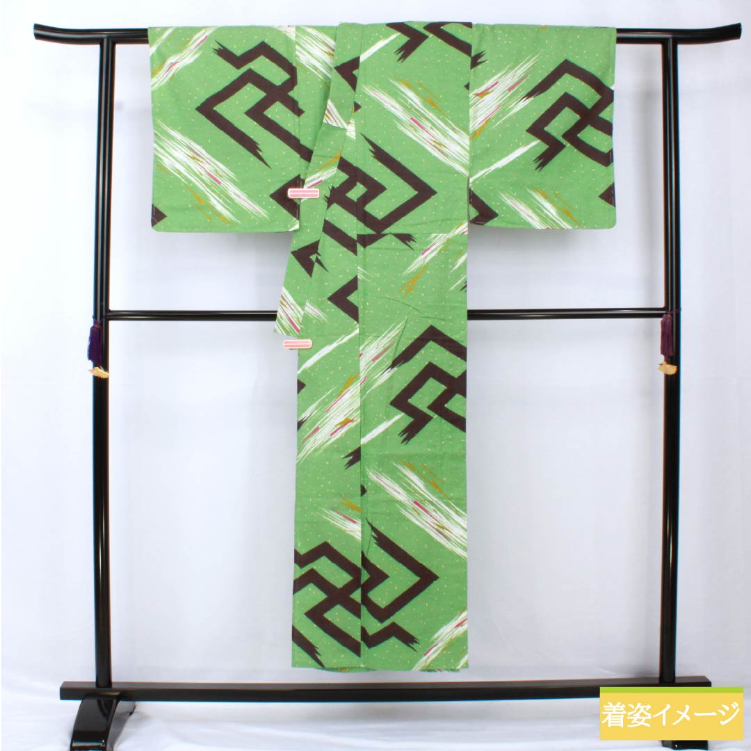 浴衣 木綿 身丈149cm 裄丈67cm Sランク 単衣 緑系 鮮緑色(せんりょくいろ) 卍 1118005452119