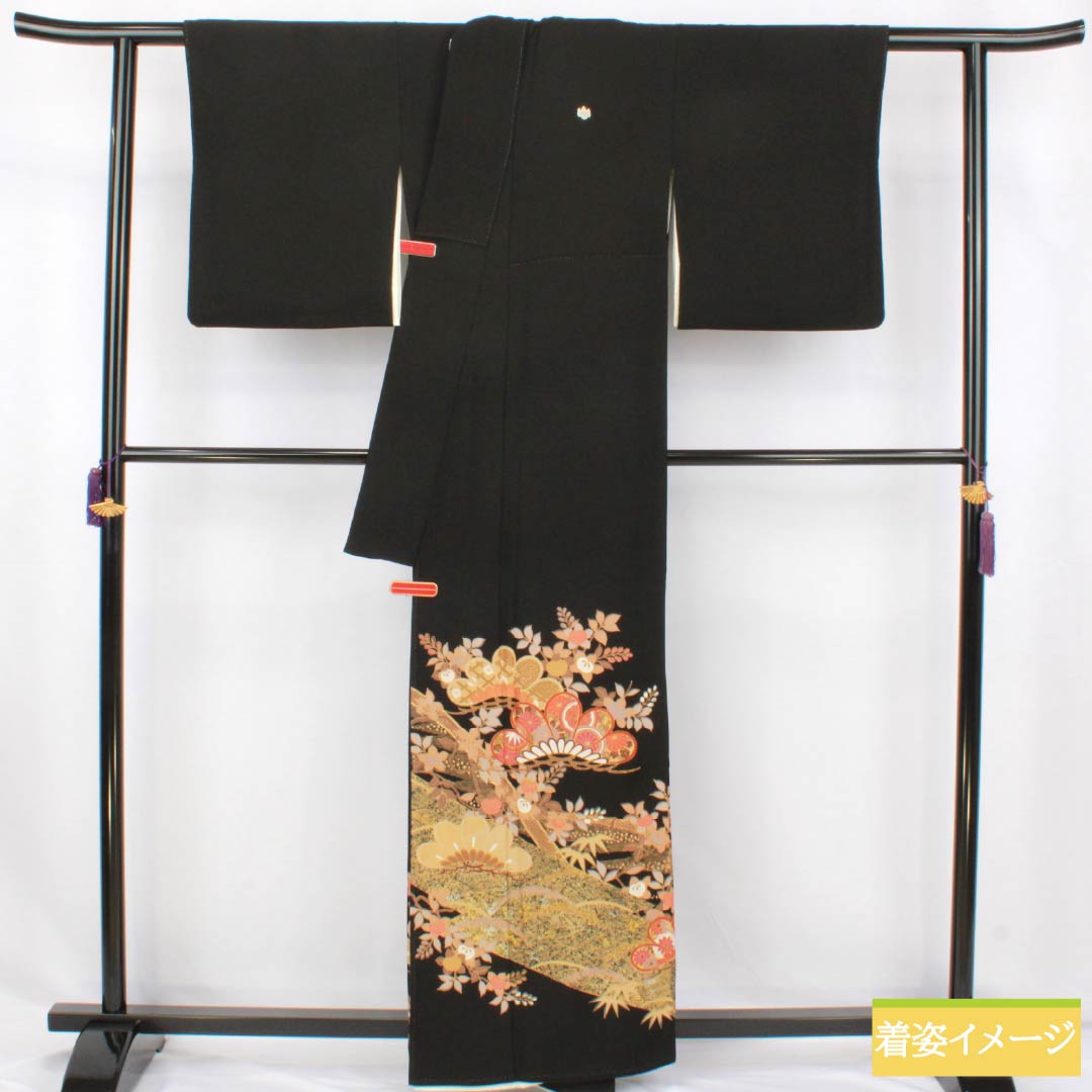 黒留袖 正絹 Aランク 身丈159cm 裄丈64cm 袷 京友禅 五つ紋 五三桐 吉祥文様 松 橘 五つ紋 黒系 1111002073310