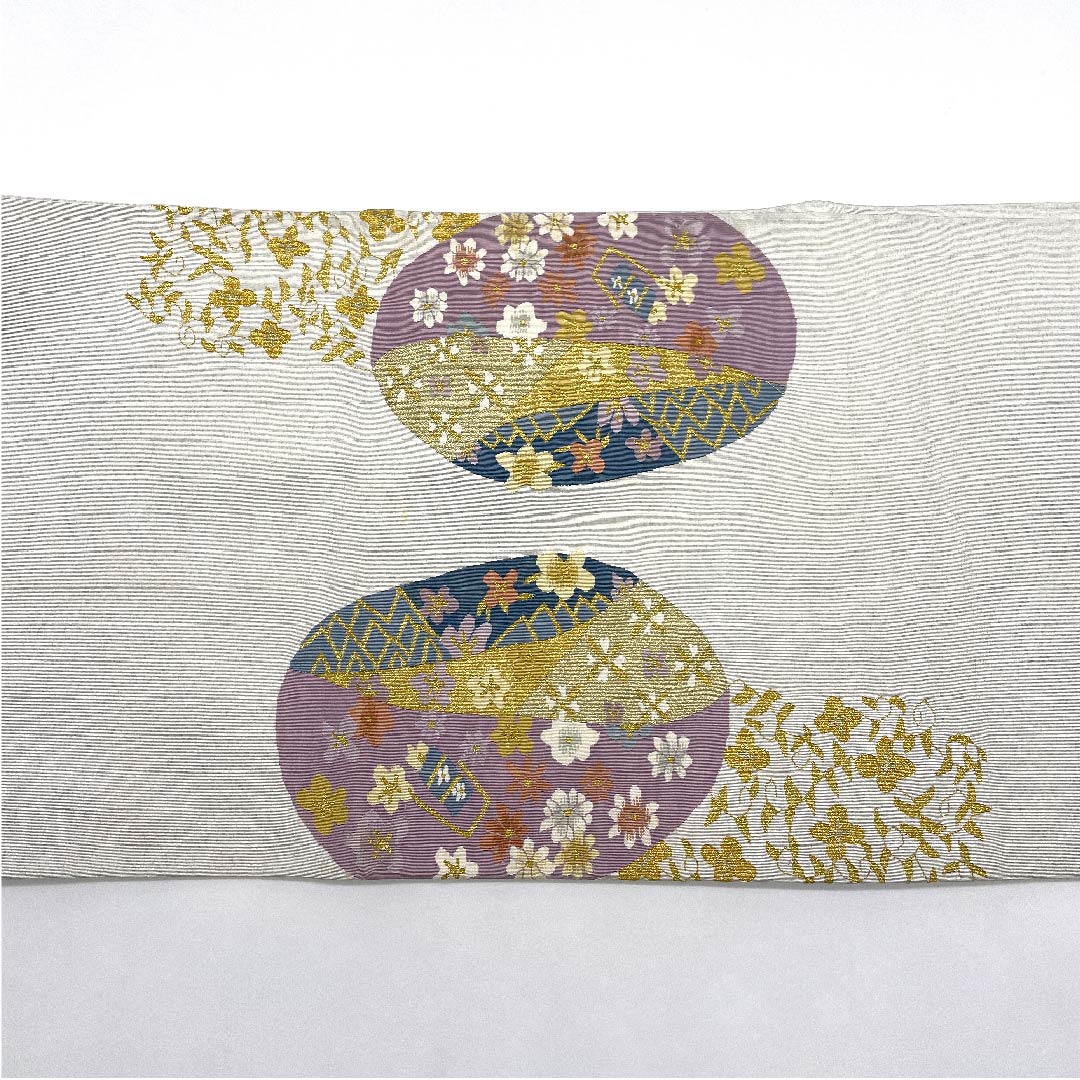 袋帯 銀白色色(ぎんはくしょくいろ) 小花 帯丈446cm 正絹 Bランク 六通 セミフォーマル 銀系 1123007174322