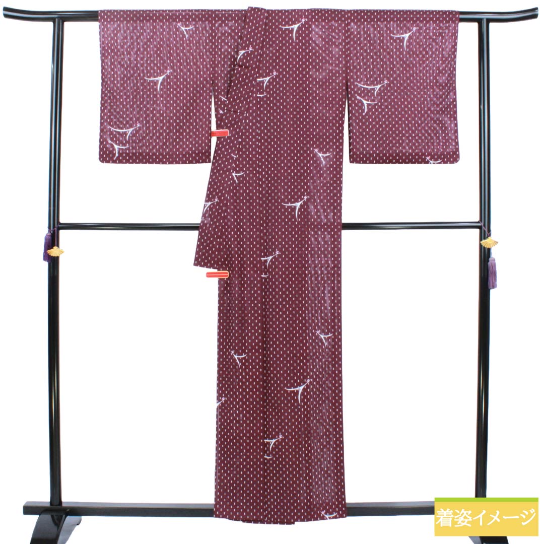 夏物 ポリエステル 小紋 Sランク 身丈157cm 裄丈68.5cm 桑の実色(くわのみいろ) 抽象模様 絽 紫系 1132004592320