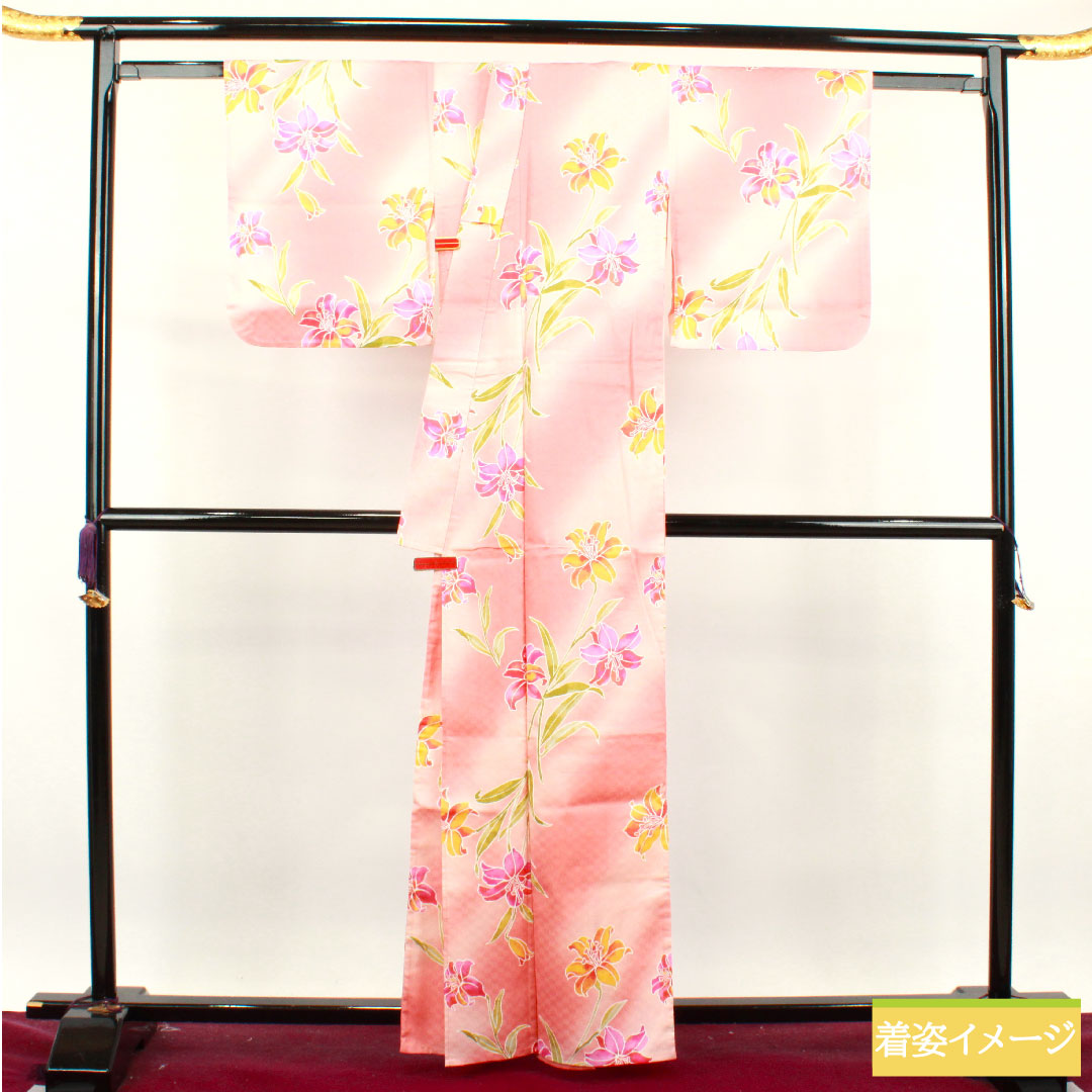 浴衣 木綿 身丈162.5cm 裄丈67.5cm Sランク 単衣 ピンク系 カサブランカ 1118004812413