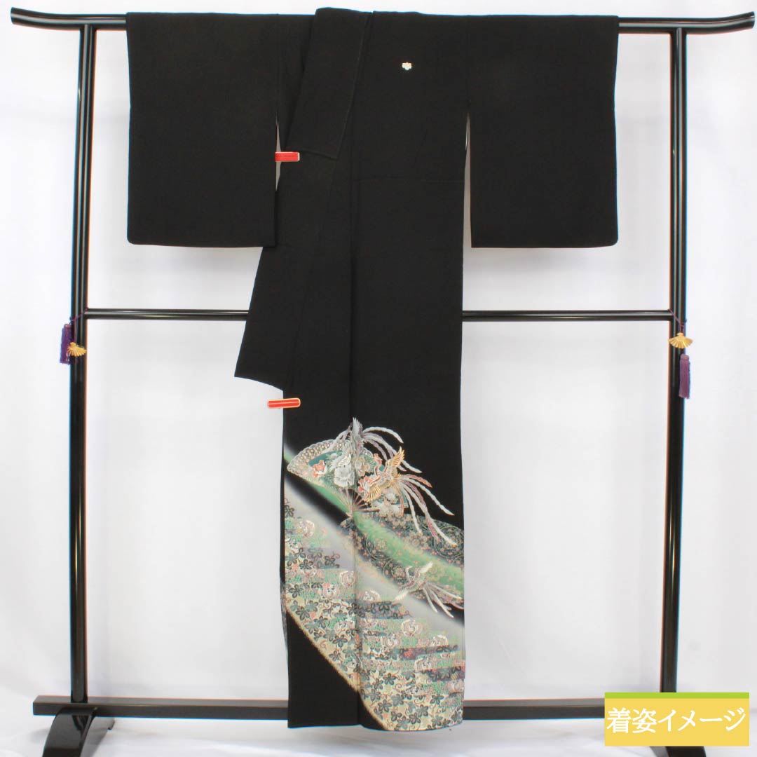 Black Tomesode Kimono, Pure Silk, Grade A, Length 156cm, Sleeve Length 64cm, Lined, Kyoto Yuzen, Five Crests, Gosan Paulownia, Phoenix, Fan Design, Five Crests, Black, Item Number 1111002093310
