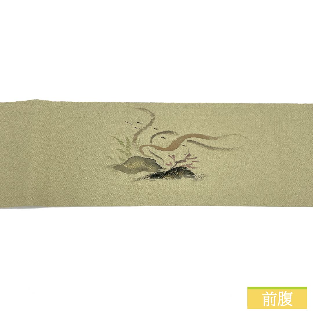 名古屋帯 正絹 Aランク 利休白茶色(りきゅうしらちゃいろ) 染め帯 ちりめん地 おこぜ 帯丈360cm ポイント柄 カジュアル 緑系 1124010543319 名古屋仕立て