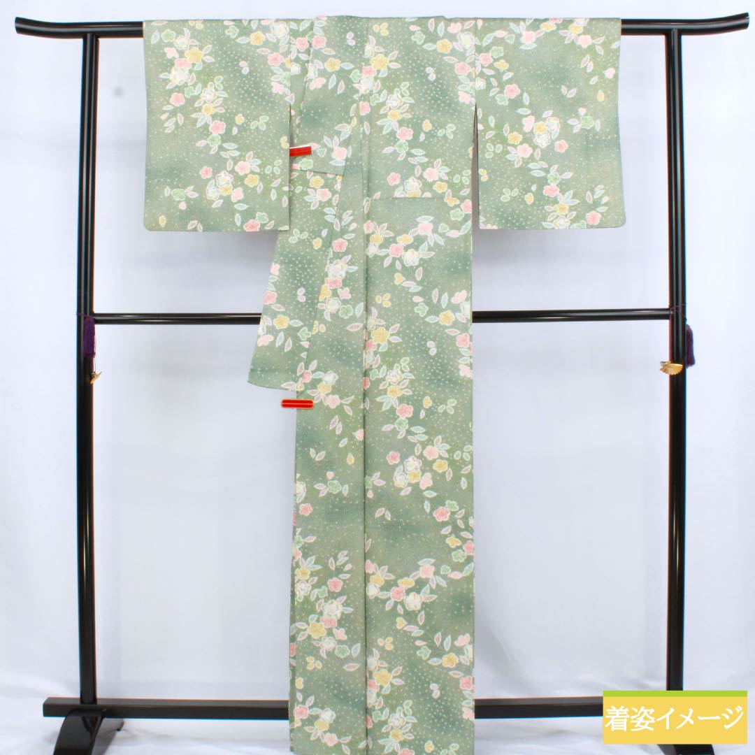 小紋 ポリエステル Sランク 身丈163.5cm 裄丈65cm 袷 裏葉色(うらはいろ) 京友禅 辻ヶ花 緑系 1115006822419