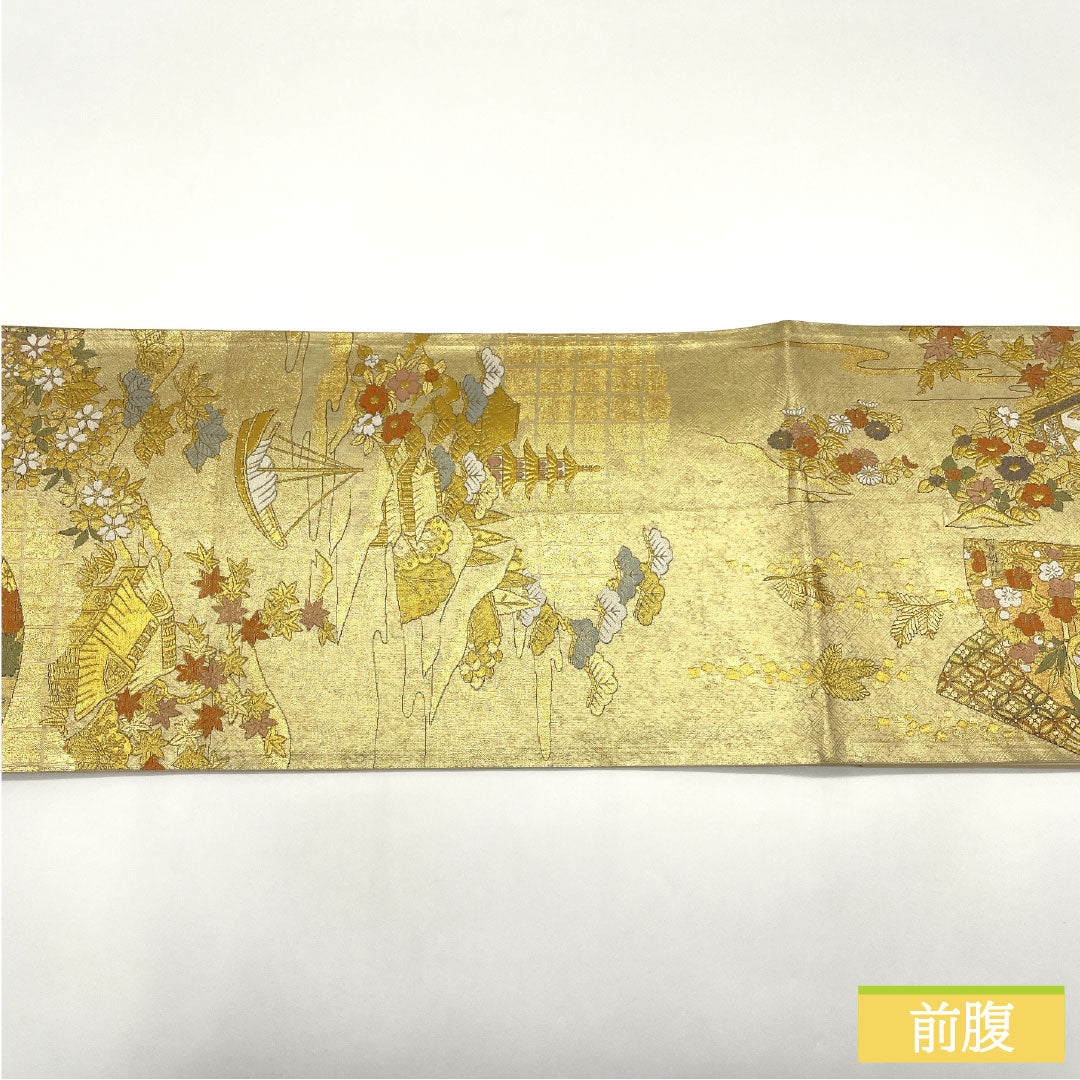 袋帯 正絹 Sランク 西陣織 扇 鶴 茶屋辻 吉祥文様 帯丈426cm 全通 フォーマル 金系 1123016132321