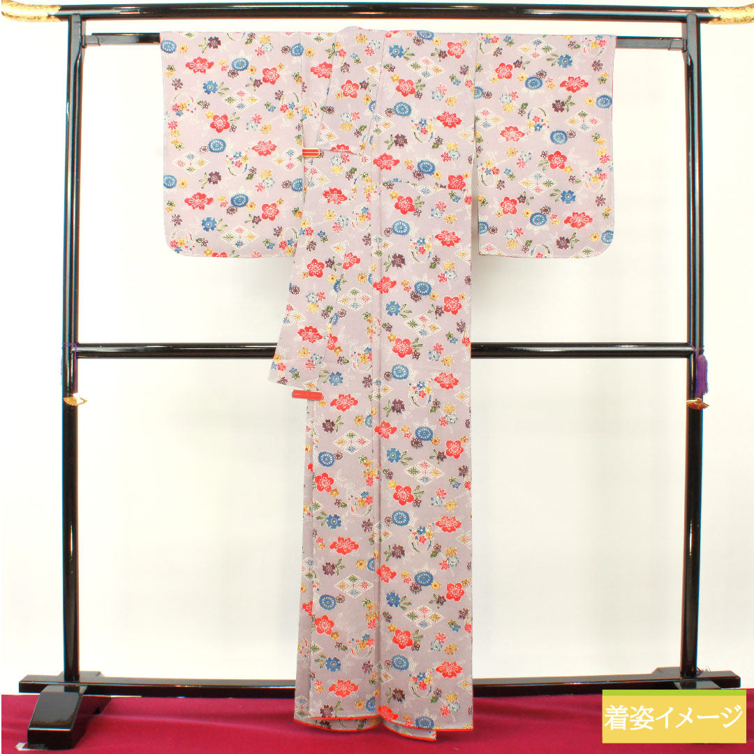 小紋 正絹 身丈163.5cm 裄丈64cm 袷 葡萄色(えびいろ) 型染 吉祥文様 しつけ糸付き Sランク 紫系 1115004482420