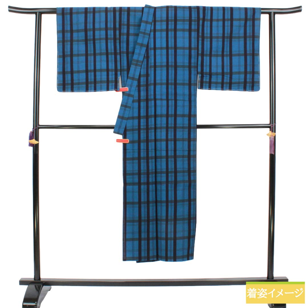 メンズ浴衣 木綿 Bランク 身丈142cm 裄丈68.5cm 青黛色(せいたいいろ) 格子 単衣 青系 1138000914417