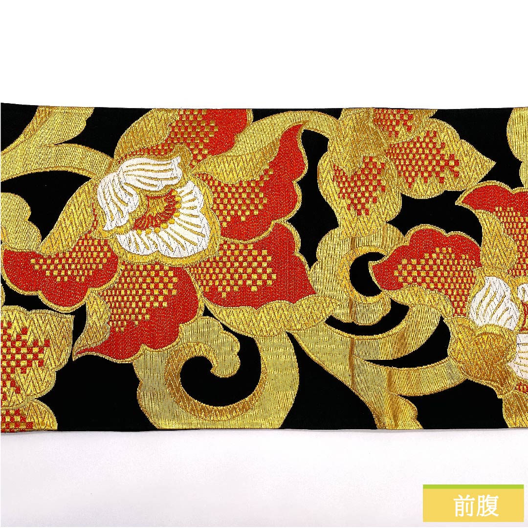 (未仕立)袋帯 黒色 花唐草 帯丈410cm 正絹 Sランク 六通 フォーマル 黒系 1123010272310