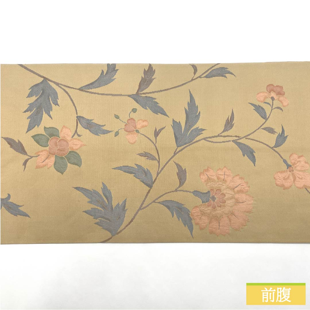袋帯 正絹 東京白茶色(とうきょうしらちゃいろ) 花唐草 抽象花 花唐草 帯丈440cm Aランク 六通 カジュアル ベージュ系 1123012773325