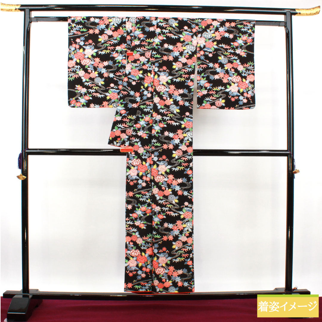 Komon, pure silk, length 152cm, sleeve length 63.5cm, lined, stencil-dyed, auspicious motif, S rank, black, 1115004132210