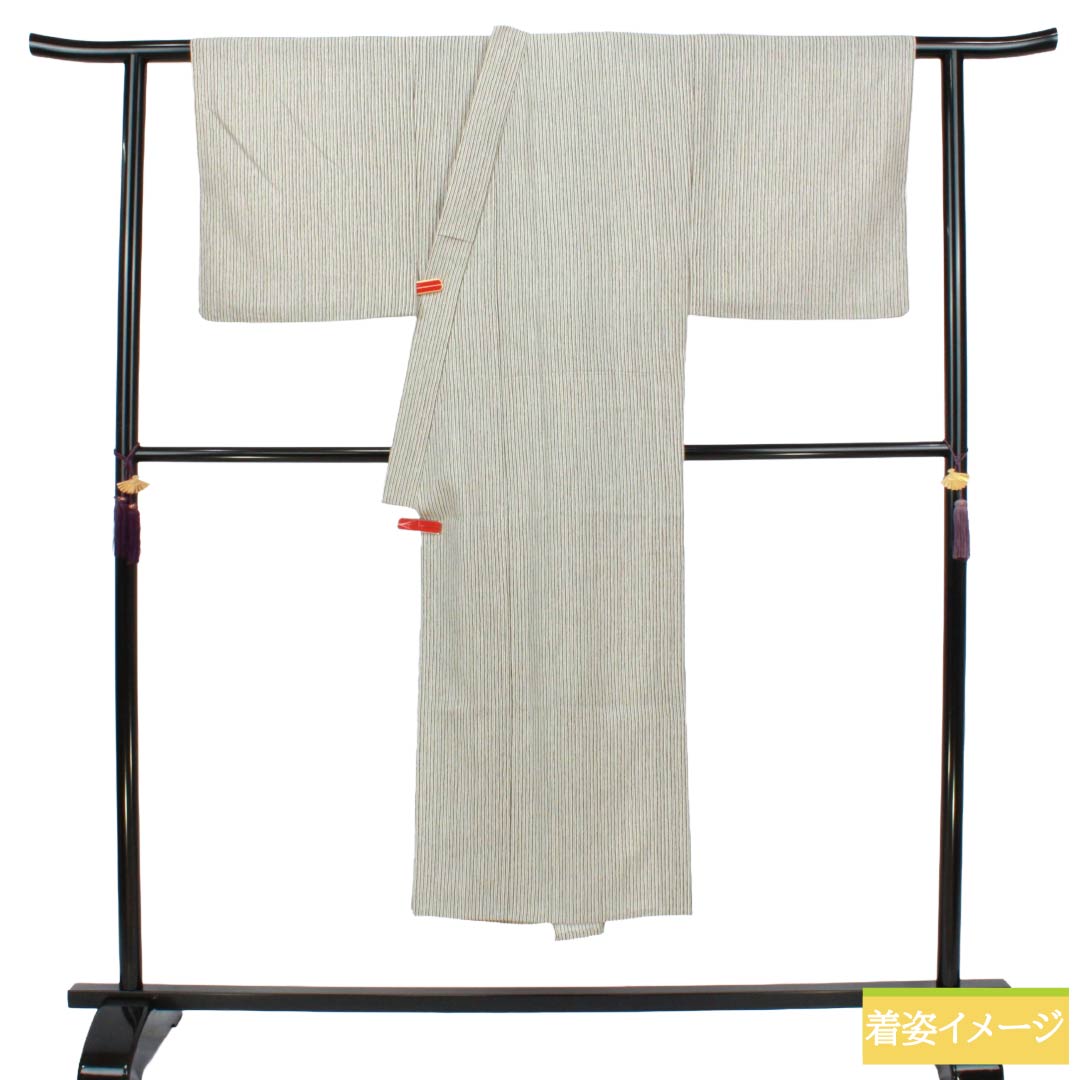 男物 正絹 Aランク 身丈141cm 裄丈69.5cm 真珠色(しんじゅいろ) 縞 居敷当て付き 染め 単衣 グレー系 1119002463422