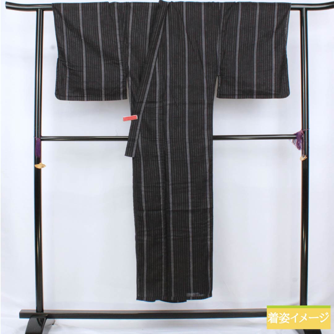 男性用浴衣 綿麻 身丈145.5cm 裄丈72.5cm リバーシブル 縞 龍 紺桔梗色(こんききょういろ) Sランク 単衣 黒系 1138000022410