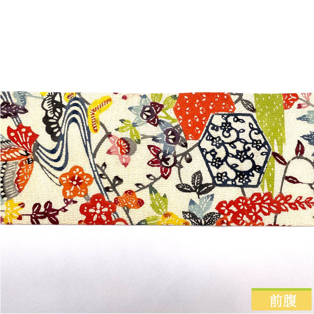 名古屋帯 生成り色 京紅型 蝶 花柄 流水模様 帯丈352cm 正絹 Aランク 六通 カジュアル クリーム系 1124005463315 名古屋仕立て