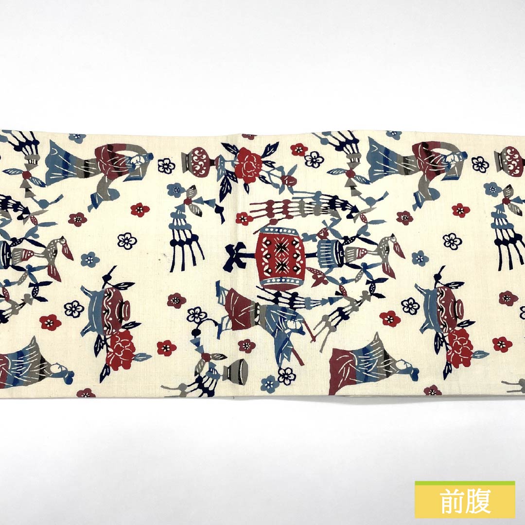 名古屋帯 正絹 Bランク 生成り色(きなりいろ) 型染 紅型調 演舞 帯丈366cm 六通 カジュアル クリーム系 1124010534315 開き仕立て