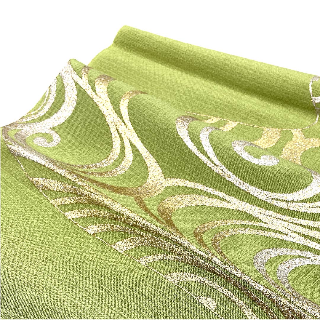 (新古品) 帯揚げ 正絹 フォーマル 若菜色(わかないろ) 金銀箔 流水 渦 長さ約168cm 幅約28.5cm Sランク 緑系 1136000262919