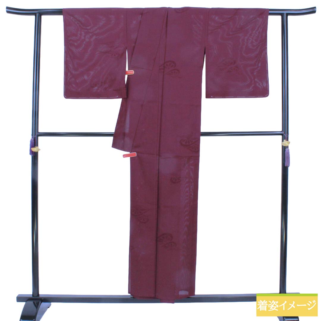 夏物 正絹 色無地 Aランク 身丈154.5cm 裄丈65.5cm 蒲萄色(えびいろ) 片輪車 紗 紫系 1132006493220