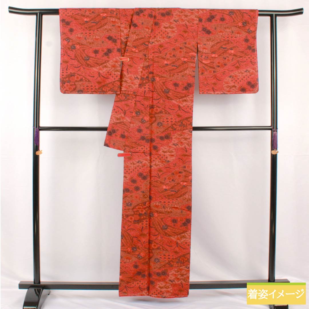 小紋 正絹 身丈161cm 裄丈67cm 袷 濃紅葉色(こいもみじいろ) 辻ヶ花 しつけ糸付き Sランク 朱系 1115005302416