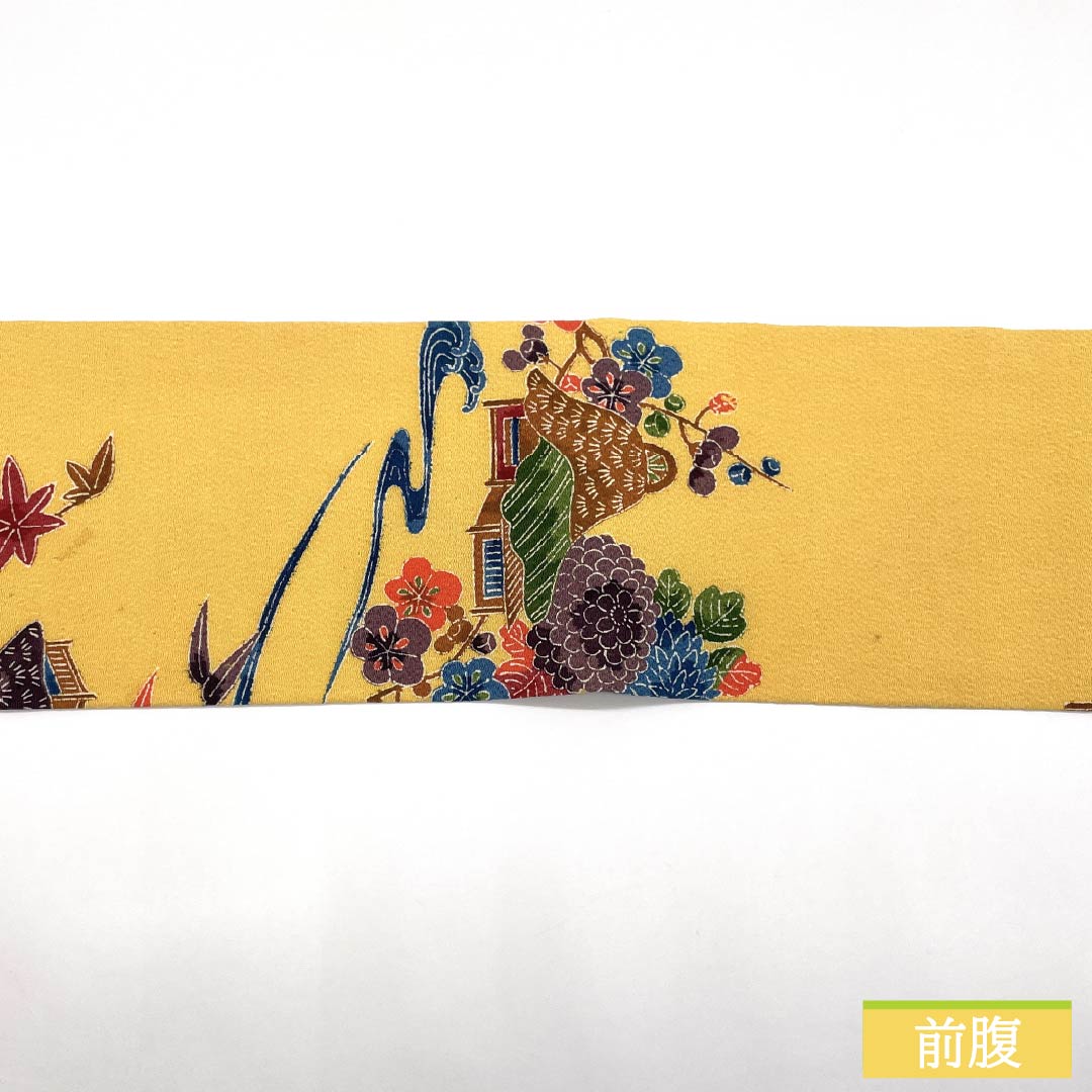 名古屋帯 正絹 Aランク 卵色(たまごいろ) ちりめん地 京紅型 三越ちりめん 帯丈347cm 全通 カジュアル 黄系 1124009193323 名古屋仕立て