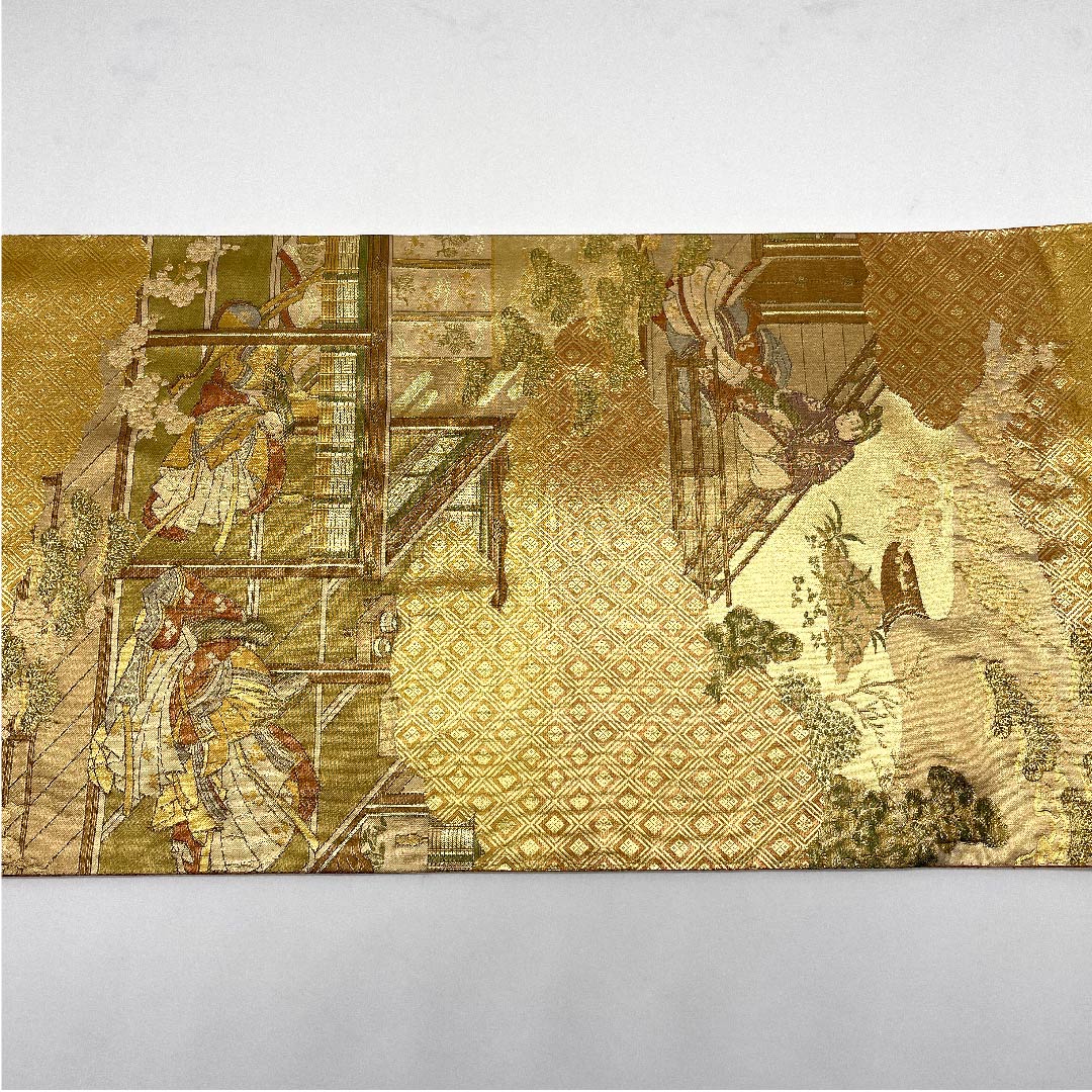 袋帯 金色 源氏物語 松 梅 帯丈424cm 正絹 Sランク 六通 フォーマル 金系 1123005902321